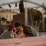 Rock wedding and unconventional wedding. Pink cadillac. Bouqet Poppy Flowers . Zara dress
